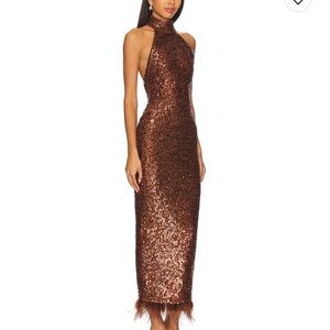 NBD Revolve Sequin Dress Brown Feathers